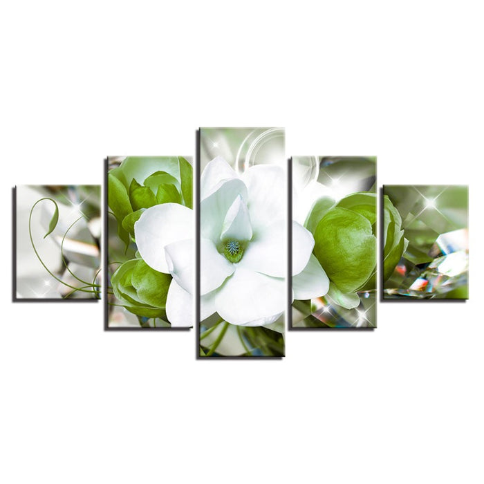 5 Piece Green Background White Flower - Canvas Wall Art Painting