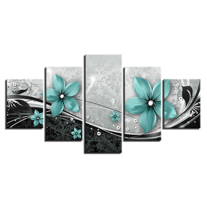 5 Piece Turquoise Flower - Canvas Wall Art Painting