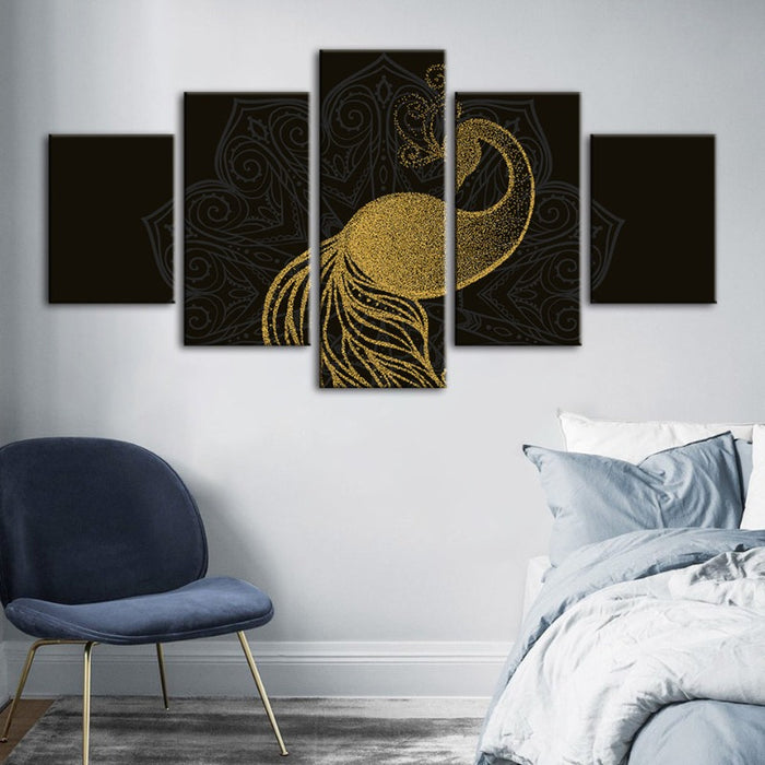 5 Piece Abstract Golden Mandala Peacock - Canvas Wall Art Painting