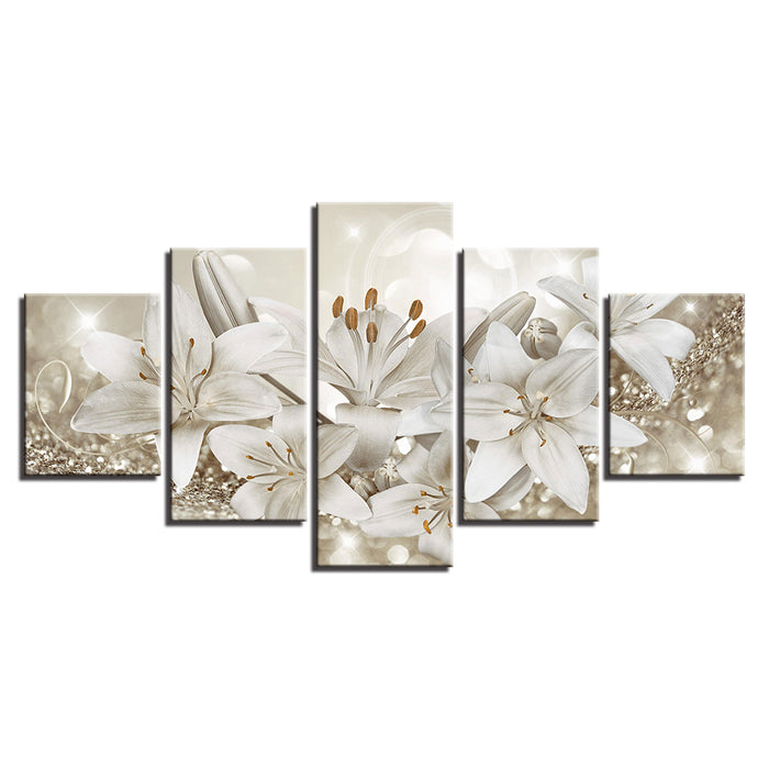 Glittering White Lilies 5 Piece - Canvas Wall Art Painting