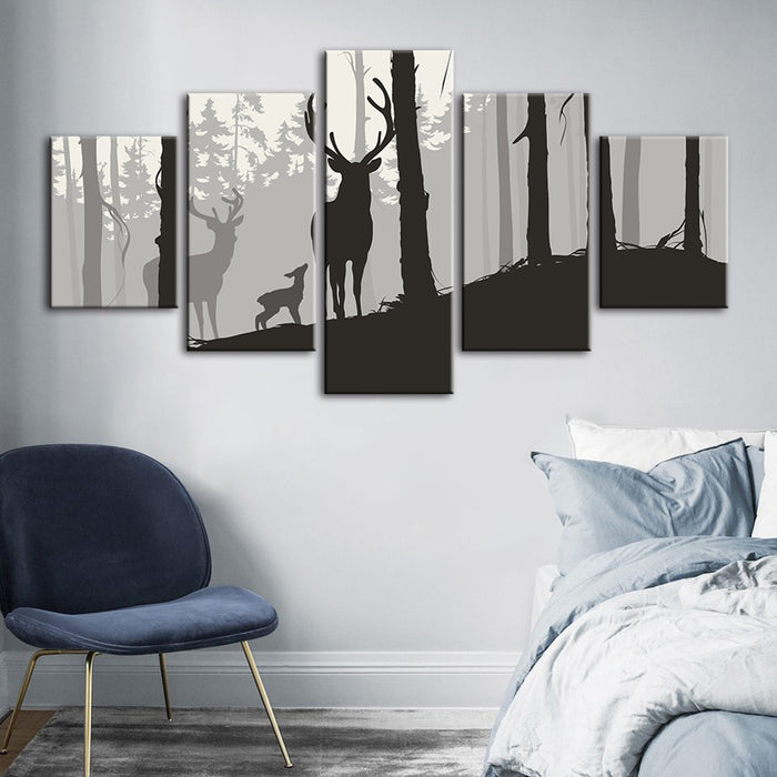 Silhouette Deer Family 5 Piece - Canvas Wall Art Painting