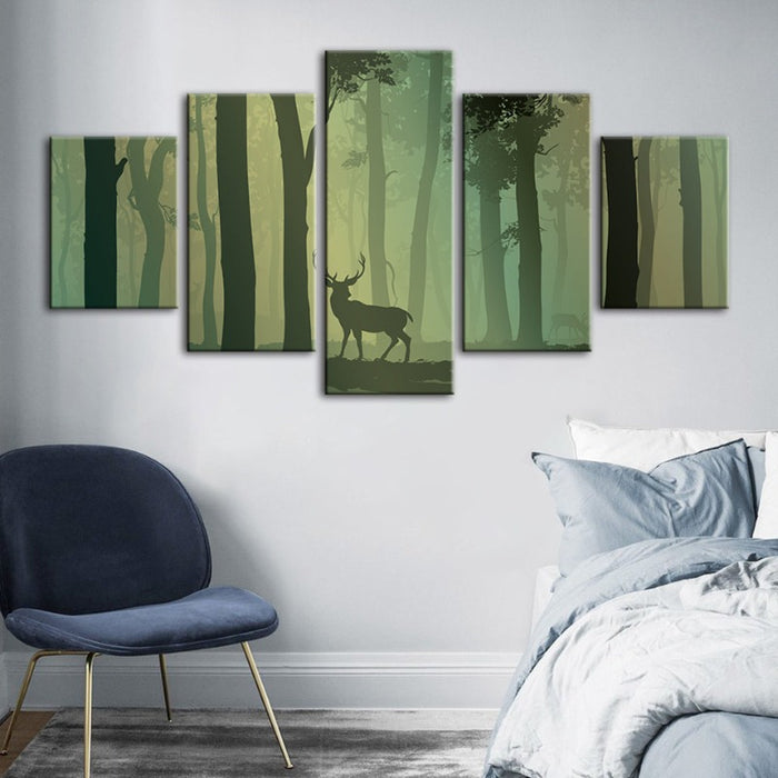 5 Piece Enchanted Green Silhouetted Deer - Canvas Wall Art Painting