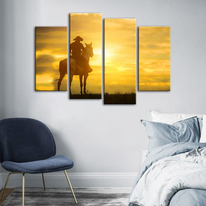 A Cowboy And His Steed-Canvas Wall Art Painting 4 Pieces