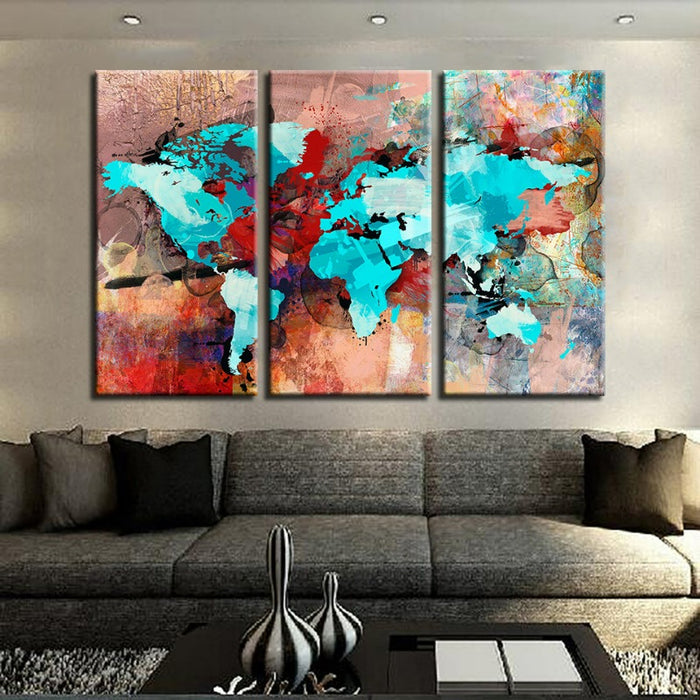 Beautiful Abstract Sea Blue & Red World Map-Canvas Wall Art Painting 3 Pieces