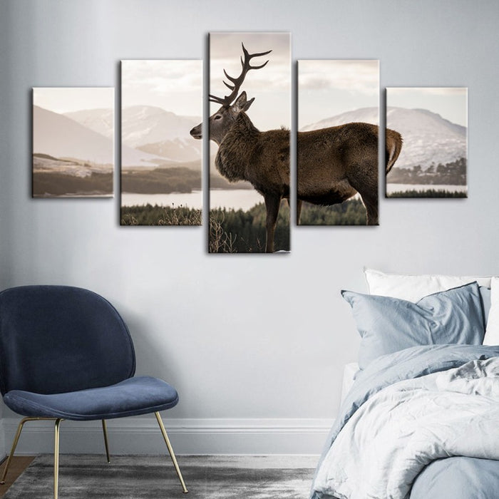5 Piece Somber Winter Deer - Canvas Wall Art Painting