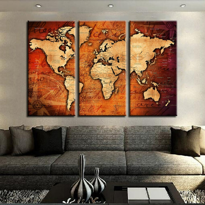Brown & Red Rustic World Map-Canvas Wall Art Painting 3 Pieces