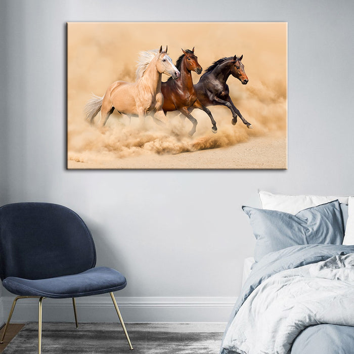 Three Running Horses in Desert - Canvas Wall Art Painting