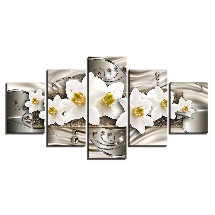 Classy White Flowers 5 Piece - Canvas Wall Art Painting