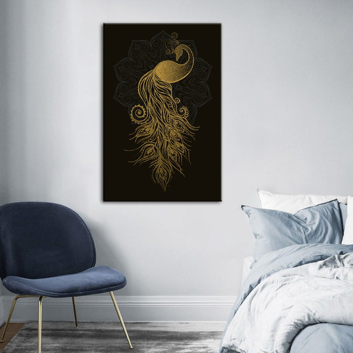 Abstract Golden Mandala Peacock - Canvas Wall Art Painting