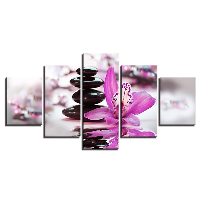 5 Piece Black Pebbles With Purple Flower - Canvas Wall Art Painting