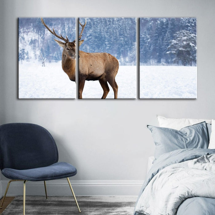 Snowy Landscape Deer-Canvas Wall Art Painting 3 Pieces