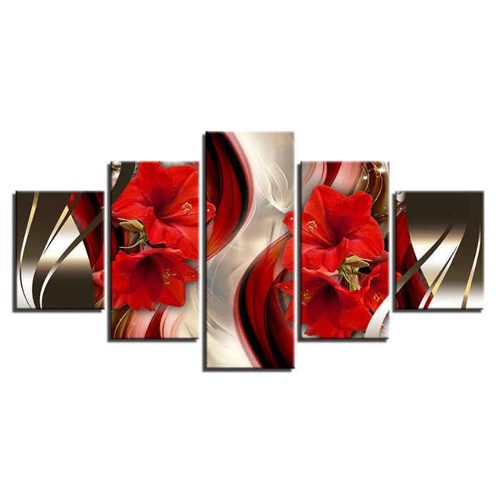 5 Piece Black Background Red Hibiscus Flower - Canvas Wall Art Painting