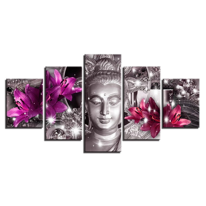 5 Piece Buddha With Purple & Pink Tulip Flower - Canvas Wall Art Painting