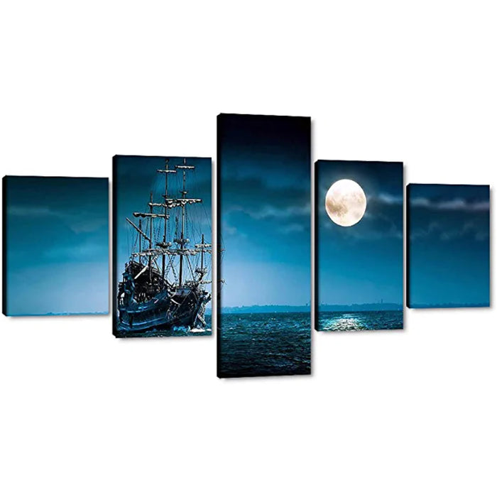 5 Pieces Full Moon Night Pirate Ship Sailing Painting