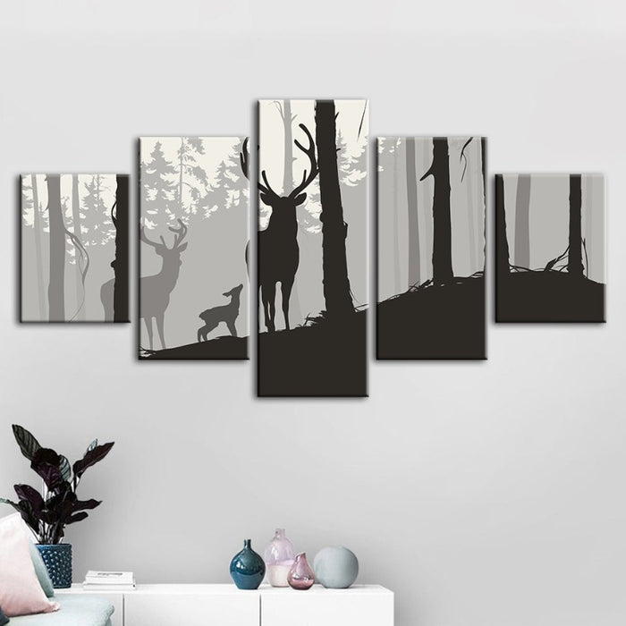 5 Piece Silhouette Deer Family - Canvas Wall Art Painting