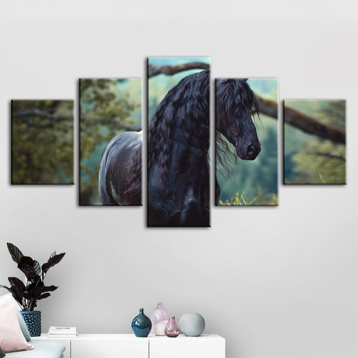 5 Piece Black Horse in Forest - Canvas Wall Art Painting