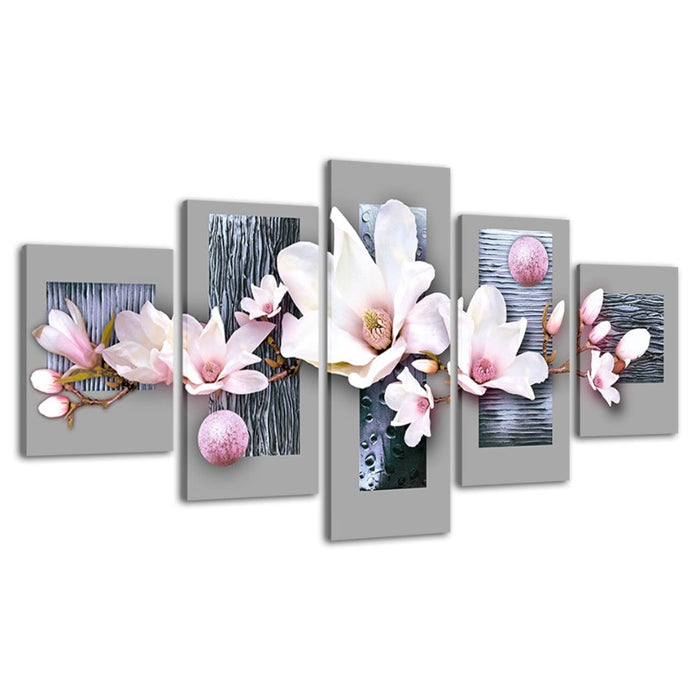 5 Piece Blue Wooden Background Pink Hue Flower - Canvas Wall Art Painting