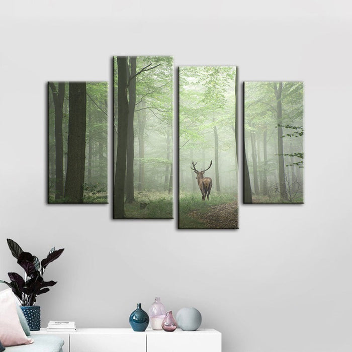 4 Piece Misty Mystical Deer in the Woods - Canvas Wall Art Painting
