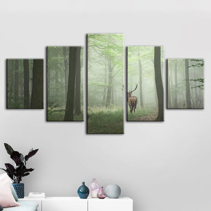 5 Piece Misty Mystical Deer In The Woods - Canvas Wall Art Paintings