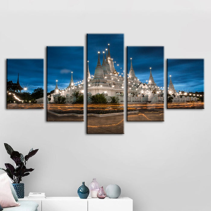 5 Piece Beautiful Temple Night Time - Canvas Wall Art Painting