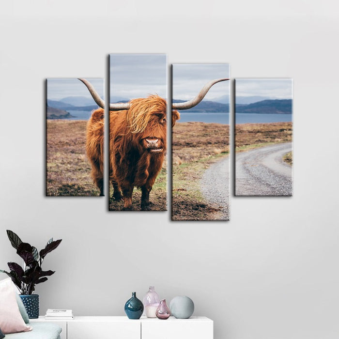 4 Piece Beautiful Brown Cow - Canvas Wall Art Painting