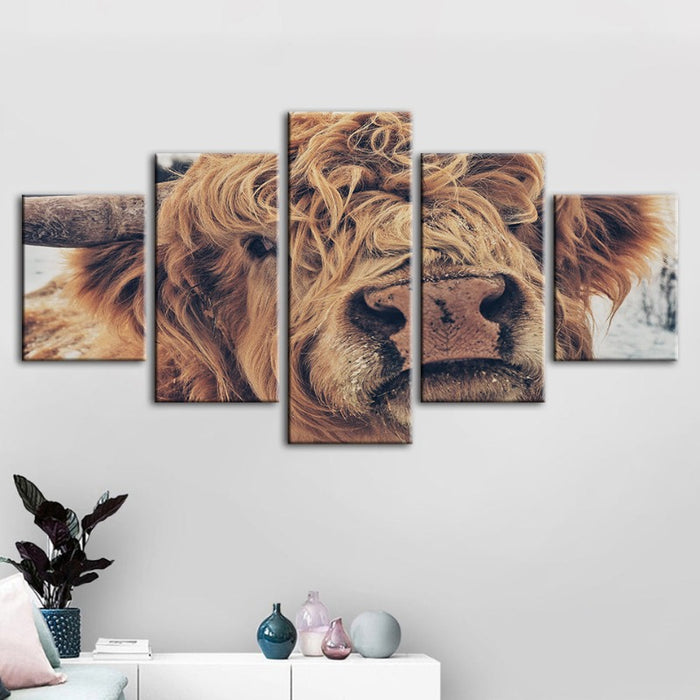 5 Piece Close Up Brown Cow - Canvas Wall Art Painting