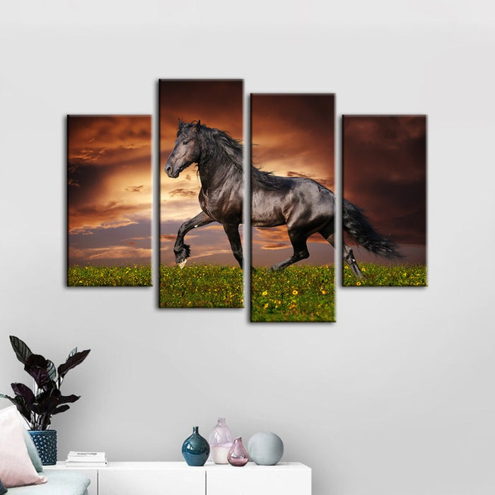 4 Piece Running Black Horse - Canvas Wall Art Painting
