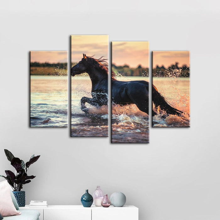 4 Piece Running Horse in Water - Canvas Wall Art Painting