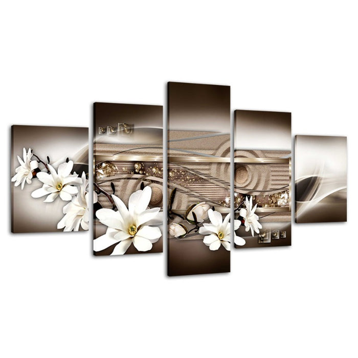 5 Piece Brown Metallic Background White Flower - Canvas Wall Art Painting