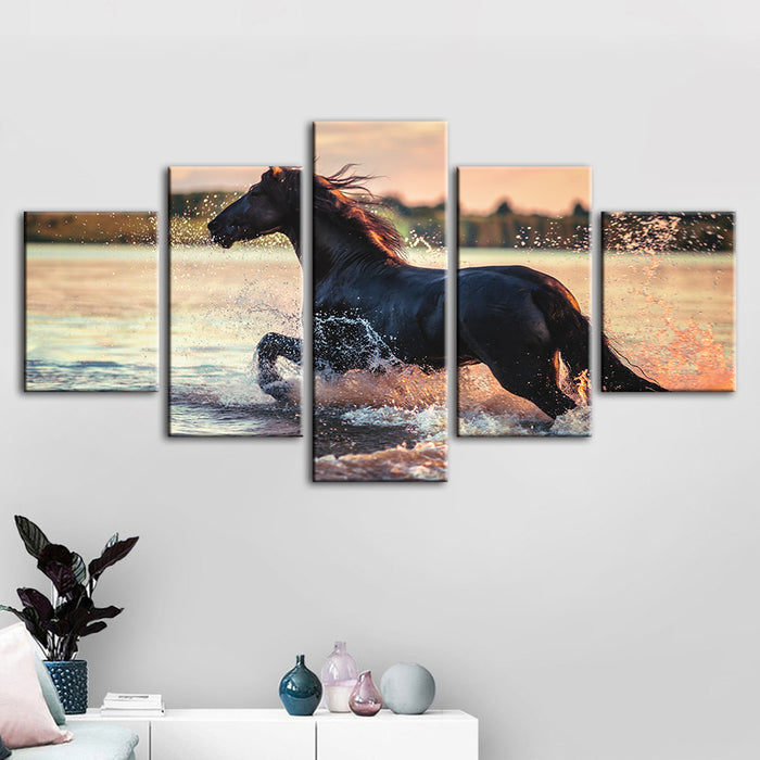 5 Piece Running Horse in Water - Canvas Wall Art Painting