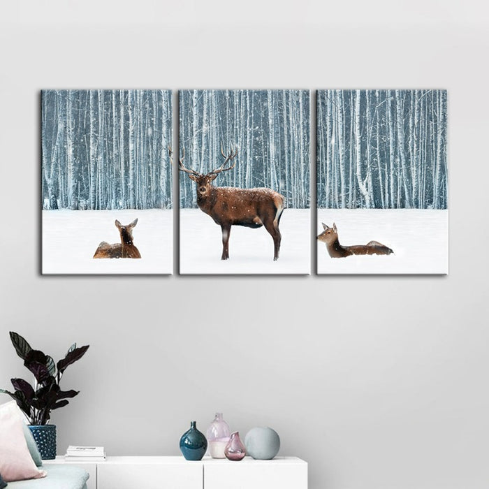 Two Does And A Deer In Winter-Canvas Wall Art Painting 3 Pieces