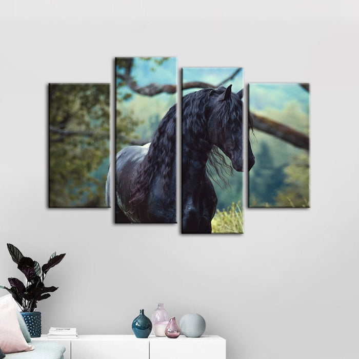 4 Piece Black Horse In Forest - Canvas Wall Art Painting