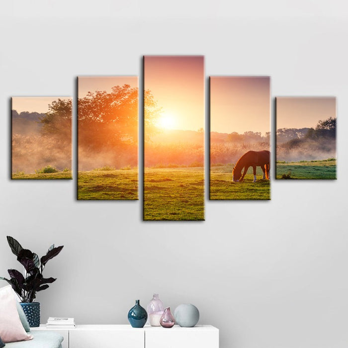 5 Piece Sunrise Grazing Horse - Canvas Wall Art Painting