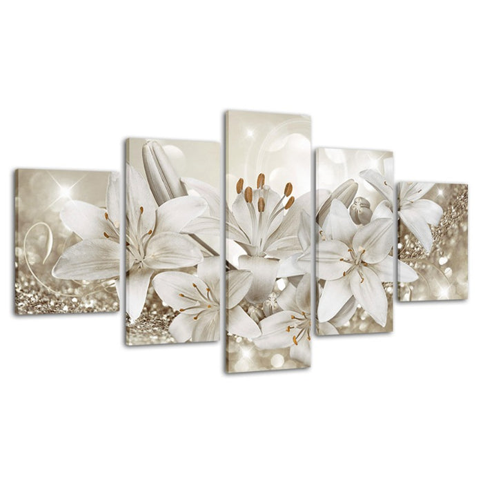 5 Piece Golden & White Background Flower - Canvas Wall Art Painting
