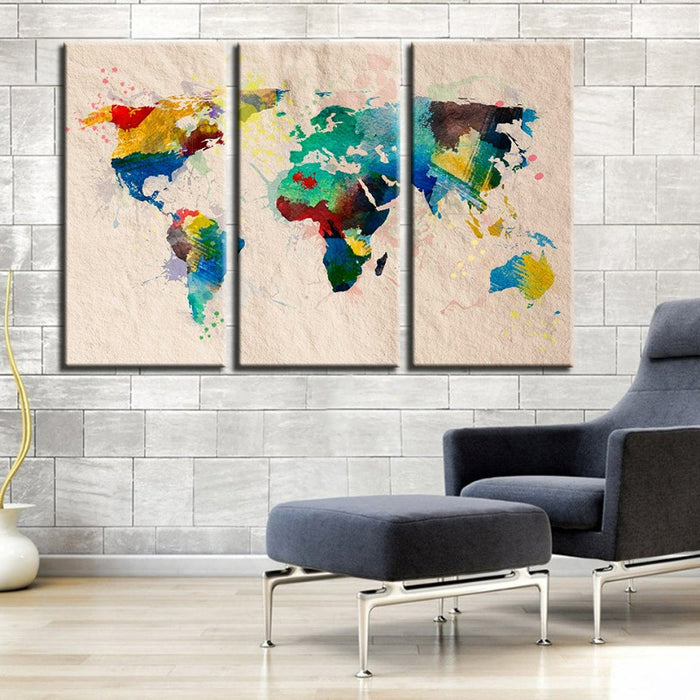 Beautiful Abstract Rainbow Color World Map-Canvas Wall Art Painting 3 Pieces