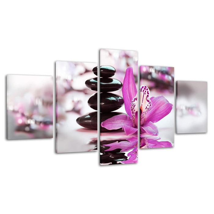 5 Piece Black Pebbles With Purple Flower - Canvas Wall Art Painting