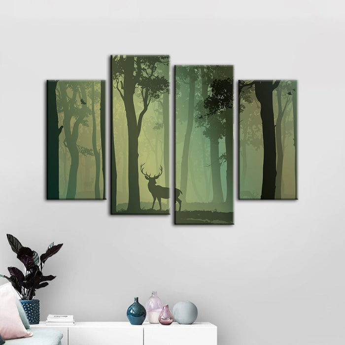 4 Piece Enchanted Green Toned Silhouetted Deer - Canvas Wall Art Painting