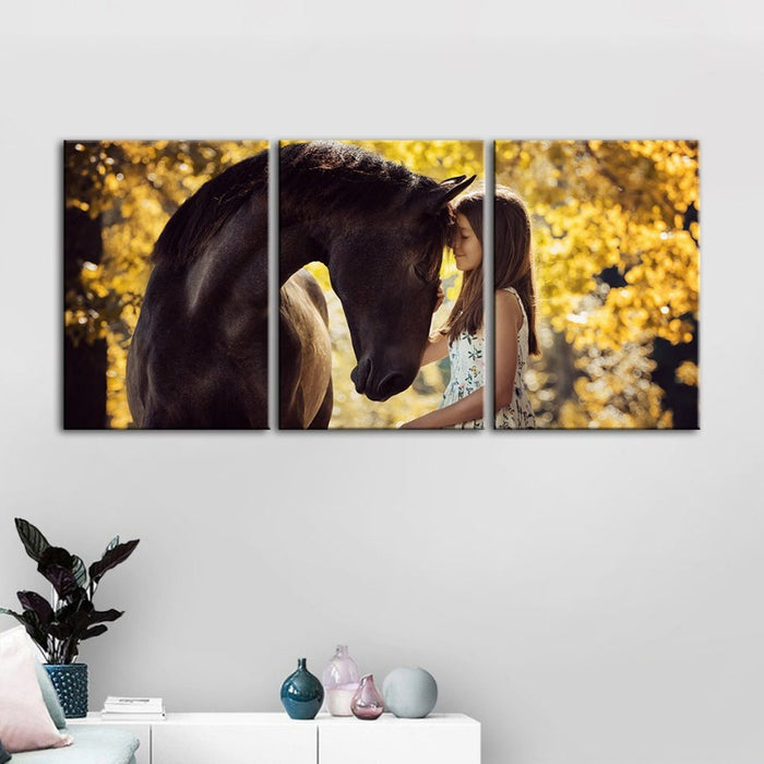 Friendship Between a Girl and Horse-Canvas Wall Art Painting 3 Pieces