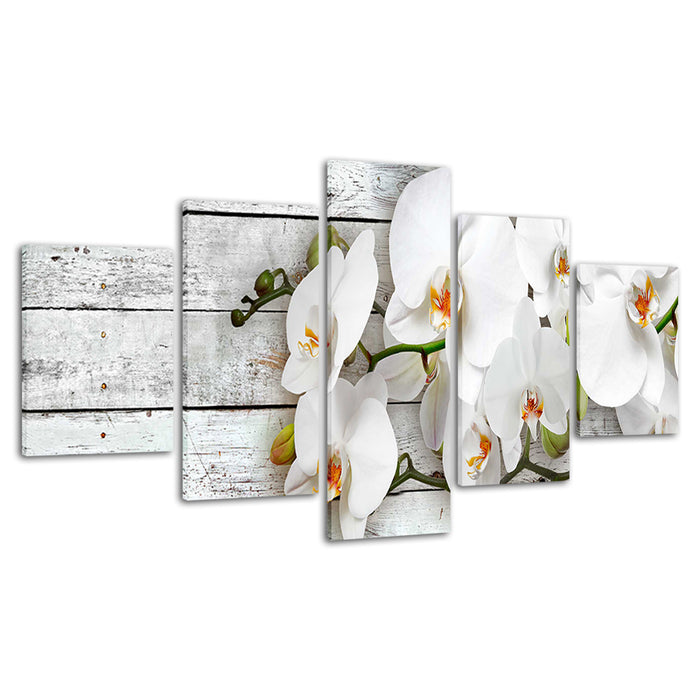 White Wood And Orchids 5 Piece - Canvas Wall Art Painting