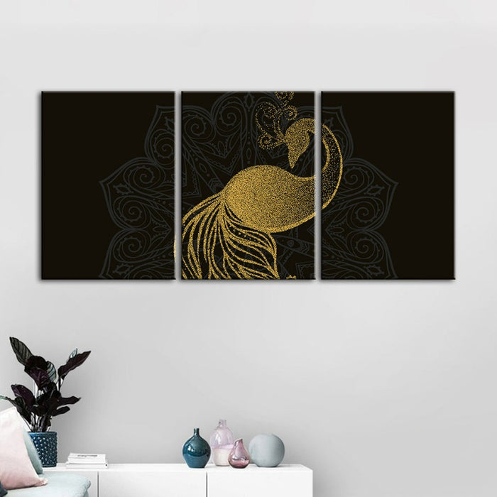 Abstract Golden Mandala Peacock - Canvas Wall Art Painting 3 Pieces