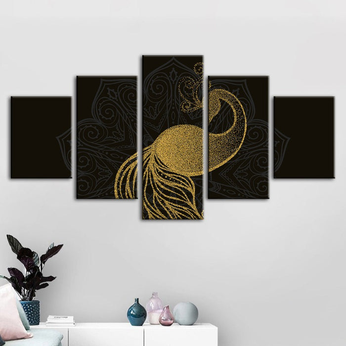 5 Piece Abstract Golden Mandala Peacock - Canvas Wall Art Painting