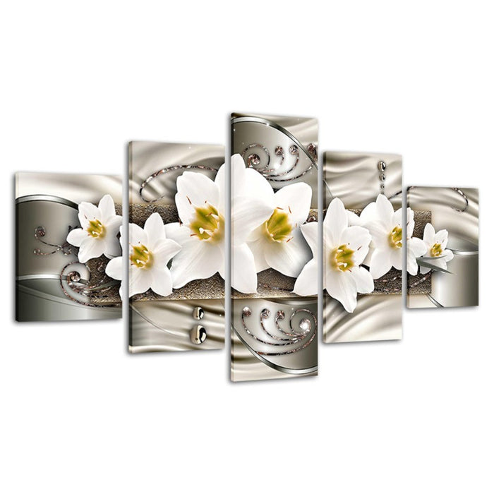 5 Piece Silver Background White Flower - Canvas Wall Art Painting