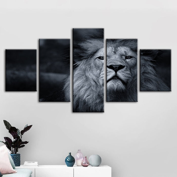 5 Piece Grayscale Concerned Lion - Canvas Wall Art Painting