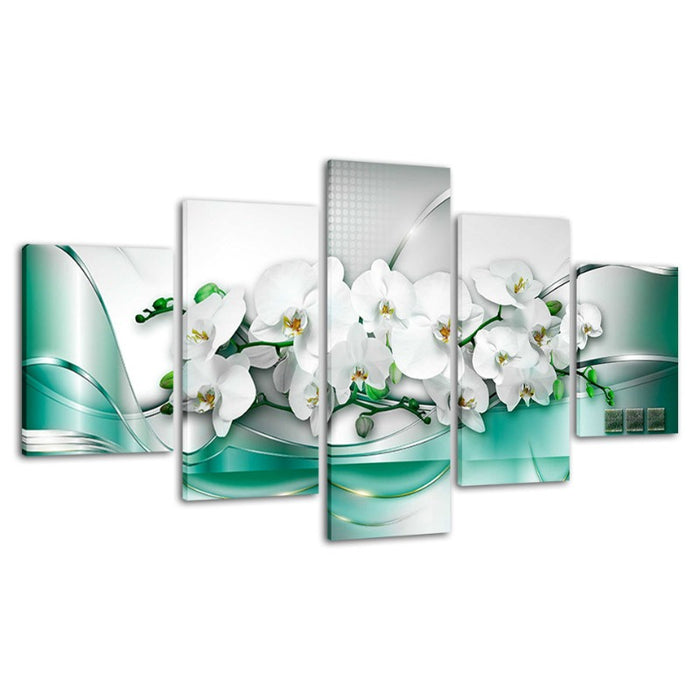 5 Piece Sea Green Background White Tulip Flower - Canvas Wall Art Painting