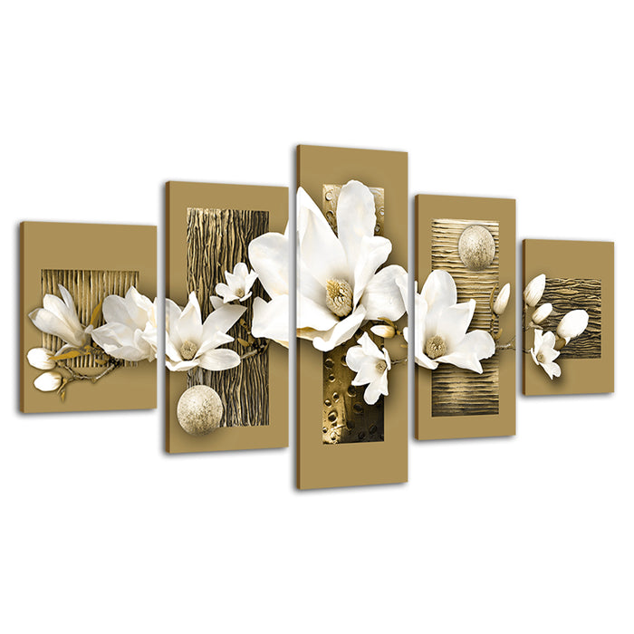 Golden Accents And White Magnolias 5 Piece - Canvas Wall Art Painting