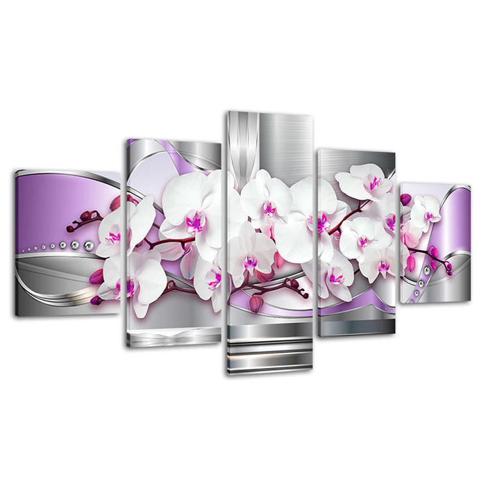 Metallic White And Purple Orchids 5 Piece - Canvas Wall Art Painting