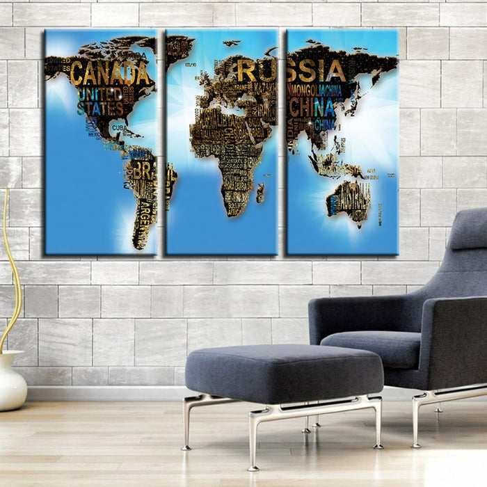 Country Name & Blue Sea World Map-Canvas Wall Art Painting 3 Pieces