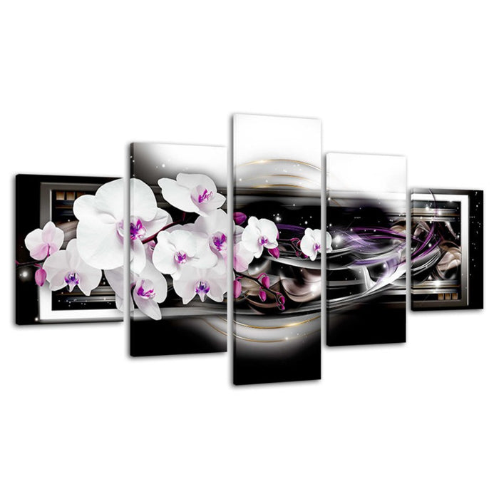 5 Piece Black Background Purple Hue White Flower - Canvas Wall Art Painting
