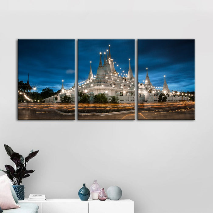 Beautiful Temple Night Time-Canvas Wall Art Painting 3 Pieces