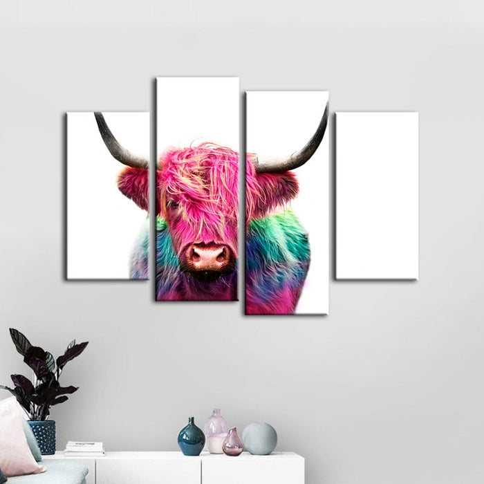4 Piece Colorful Pink Cow - Canvas Wall Art Painting
